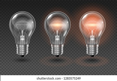 Three transparent light bulbs, one of which is off, while the others are lit with different brightness on a transparent background.