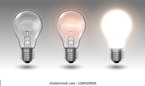 Three transparent light bulbs, one of which is off, while the others are lit with different brightness on a light background