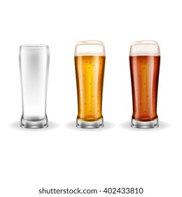 Three transparent realistic glasses of lager with light golden color on white background vector illustration 