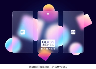 Three transparent text blocks in glassmorphism style. Empty vertical text boxes with glass overlay effect on abstract background. Ideal for infographics, web, presentation. Vector illustration.