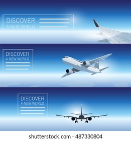 Three transportation banner templates with flying airplanes