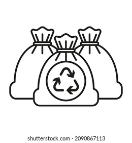 Three trash bags with triangular waste recycling symbol. Simple outline black and white vector icon. Thin lines
