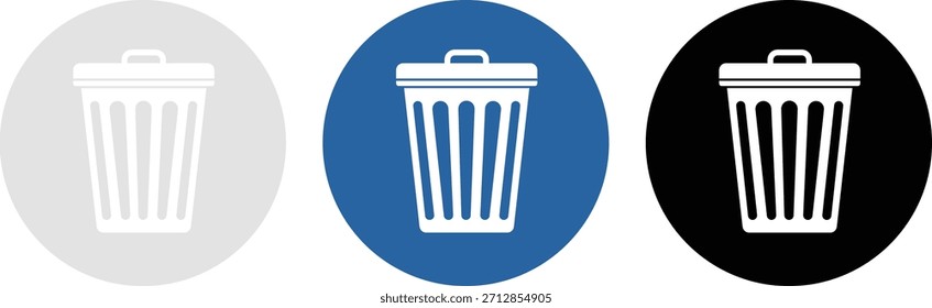Tres iconos de papelera en círculos grises azules y negros icono de papelera icono de papelera