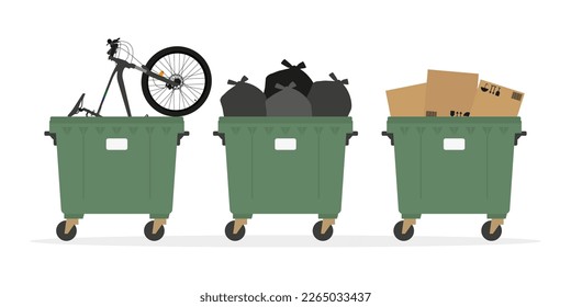 Three trash cans, one with a bike, one with trash bags, and one with cardboard boxes