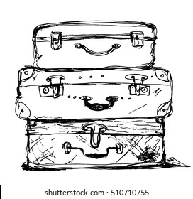 Three Travel bag vector illustration, isolated on background. Travel bag. Summer time, vacation, travel. Black and white background. Vector.