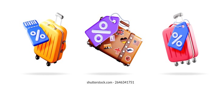 Three travel suitcases with discount and percentage tags. Summer travel sale concept for booking and vacation agency.