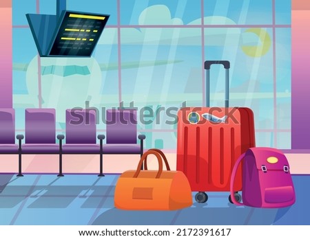 Three travel suitcases in empty waiting area of airport terminal, against background of large windows, take-off of plane in background.