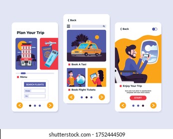 Three travel tourism booking vertical banner set with plan your trip book a taxi and flight ticket and enjoy your trip descriptions vector illustration