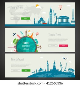 Three Travel and Tourism Headers, Banners with famous Landmarks. Vector illustration