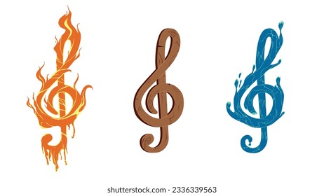 Three treble clefs, fire, water and wood. Unusual key. Graphic resource on a musical theme. Interesting music, notes, treble clef