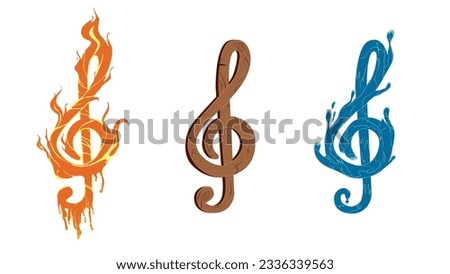 Three treble clefs, fire, water and wood. Unusual key. Graphic resource on a musical theme. Interesting music, notes, treble clef