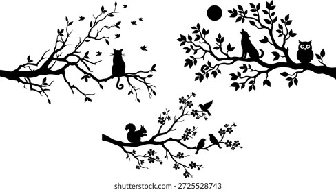 Tres ramas de árbol con pájaros y un búho bajo una luna llena