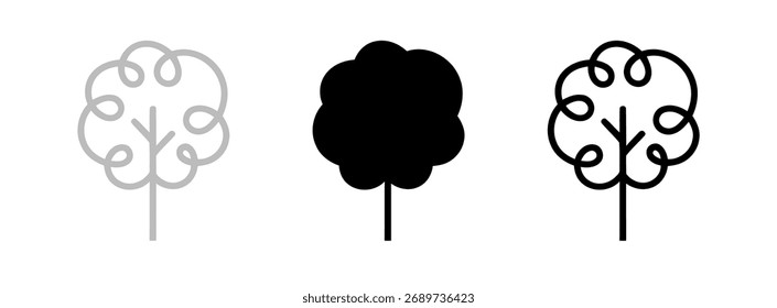 Três ícones de árvore com formas de árvore simples contornadas, pretas e cinza