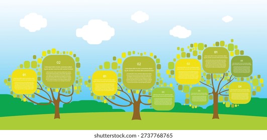Three Tree Infographic Template with Five Step Sections, Green Business Growth Diagram on Nature Landscape Background.
