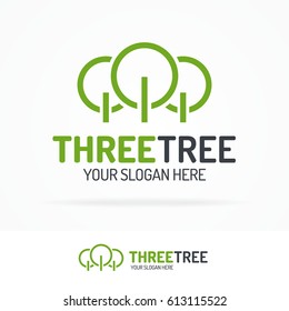Three tree logo set green color line style for use nature firm, ecology company, natural product, organic shop, alternative medicine, green unity, garden, farming, forest etc. Vector Illustration