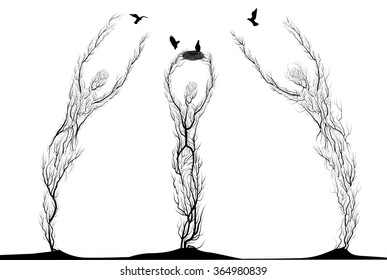 three tree silhouettes look like man stretching arm to flying bird, plant surrealism,  fairy tree silhouettes and one holding the nest for birds on white background, vector.