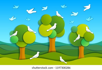 Three trees with birds in the field scenic nature landscape cartoon modern style paper cut vector illustration.