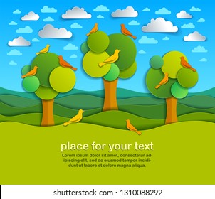 Three trees with birds in the field scenic nature landscape cartoon modern style paper cut vector illustration.