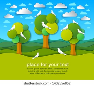 Three trees with birds in the field scenic nature landscape cartoon modern style paper cut vector illustration.