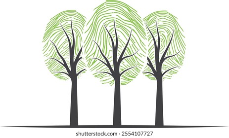three trees with crowns in the shape of a fingerprint