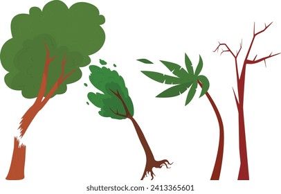 Tres árboles en diferentes etapas de crecimiento y salud. Ciclo de vida del bosque, desde la exuberante hasta la marchitada ilustración del vector del árbol.