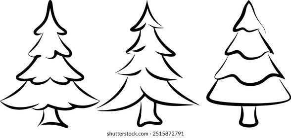 Three trees are drawn in black and white. The trees are all different sizes and are all standing upright