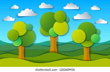 Three trees in the field scenic nature landscape cartoon modern style paper cut vector illustration.