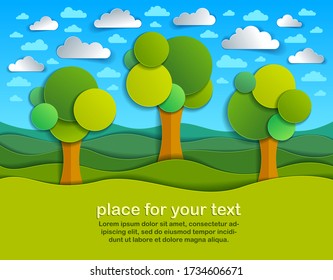 Three trees in the field scenic nature landscape cartoon modern style paper cut vector illustration.