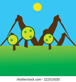 three trees with grass mountains blue sky and yellow sun