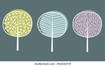 Three trees - green, blue, purple geometric, line icons, vector and design elements.