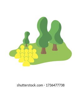 Three trees in a green meadow and a crowd of people