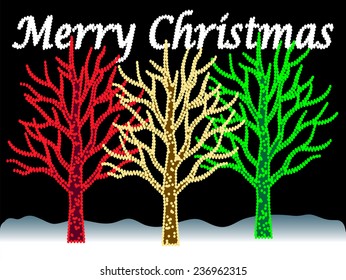 Three trees with illuninated tree branches in an outdoor night scene with snow  and illuminated words that display Merry Christmas greetings