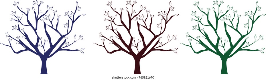 Three trees with leaves silhouettes in dark colors