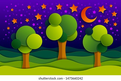 Three trees in the night in the field scenic nature landscape cartoon modern style paper cut vector illustration.