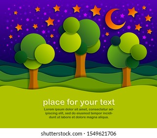 Three trees in the night in the field scenic nature landscape cartoon modern style paper cut vector illustration.