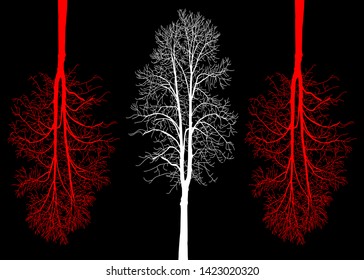 Three trees on a black background. One white tree growing from the bottom in the middle, and two red trees growing from the top.