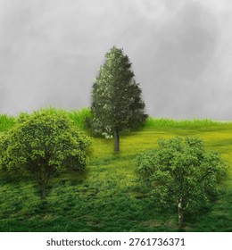 Three Trees On A Green Grassy Field Under Overcast Sky Nature Landscape And Tranquil Meadow