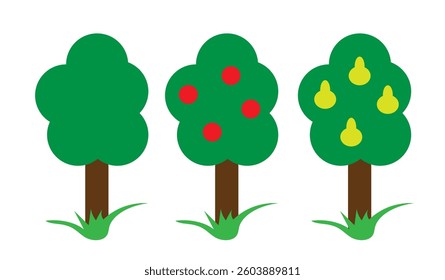 Three trees on a white background with a harvest,