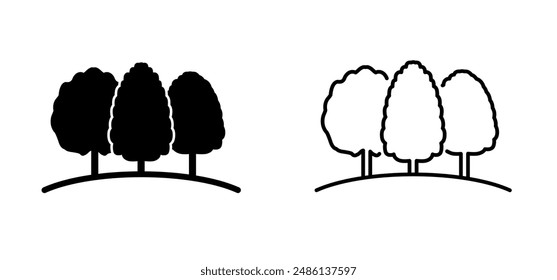 Three trees, picnic or bbq concept. Line pattern. Forest icon. Wood, timber. Trees and leaf. Vacation, holiday logo. Walking area. Nature reserve sign.