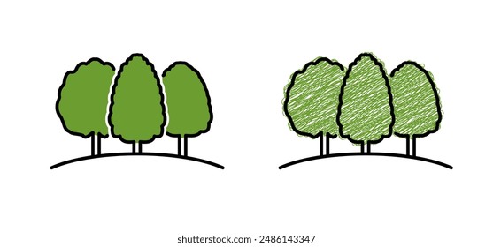 Three trees, picnic or bbq concept. Line pattern. Forest icon. Wood, timber. Trees and leaf. Vacation, holiday logo. Walking area. Nature reserve sign.