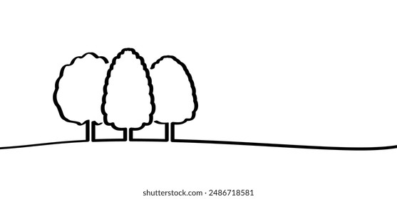 Three trees, picnic or bbq concept. Line pattern. Forest icon. Wood, timber. Trees and leaf. Vacation, holiday logo. Walking area. Nature reserve sign.