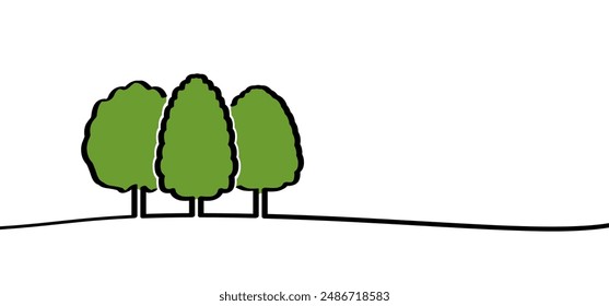 Three trees, picnic or bbq concept. Line pattern. Forest icon. Wood, timber. Trees and leaf. Vacation, holiday logo. Walking area. Nature reserve sign.