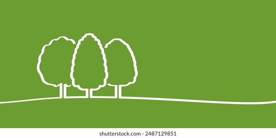 Three trees, picnic concept. Line pattern. Forest icon. Wood, timber. Trees and leaf. Vacation, holiday logo. Walking area. Nature reserve sign.