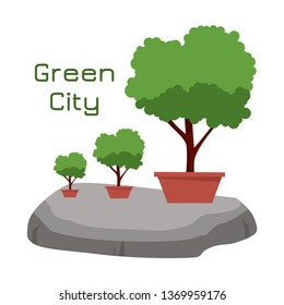 Three trees in pots on the stone. Flat vector illustration.
