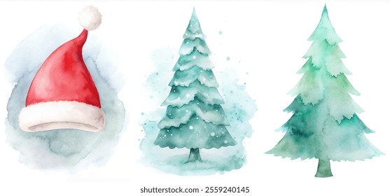 Three trees with a red hat on top of them. The hat is red and has a white star on it. The trees are green and are in the snow