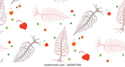 Three trees with roots and skeletal branches with leaves in the shape of hearts. Seamless pattern on a white background