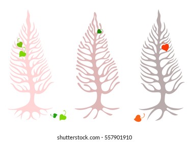 Three trees with roots and skeletal branches with leaves in the shape of hearts. On a white background