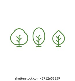 Tres árboles se muestran en fila, siendo el árbol medio el más alto. Los árboles son todos verdes y tienen un diseño simple y limpio. Concepto de crecimiento y vida, así como la belleza de la naturaleza