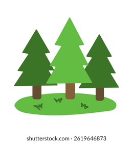 Three trees are standing in a field of grass. The trees are green and the grass is also green. The image has a peaceful and natural feel to it