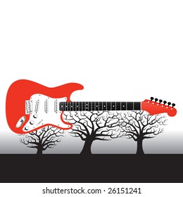 Three trees support a guitar vector background